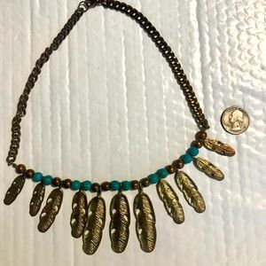 Necklace, gold with feathers, turquoise beads